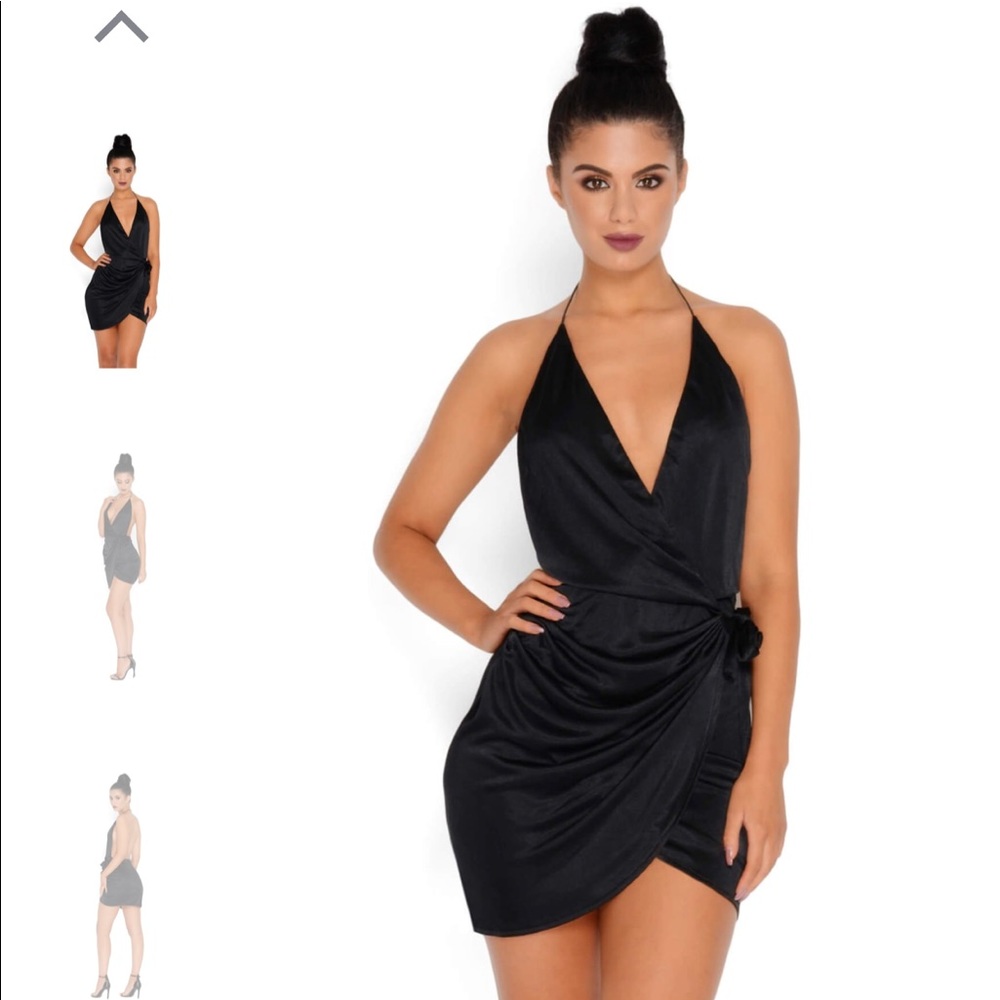 Black wrap satin mini dress